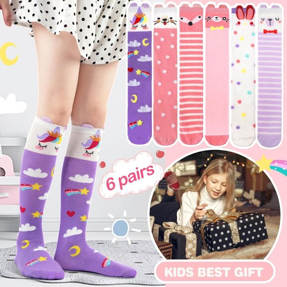 6 Pairs Kids Girls Knee High Socks Gift Long Crazy Silly Tall Funny Boot Cute An - Picture 5 of 6